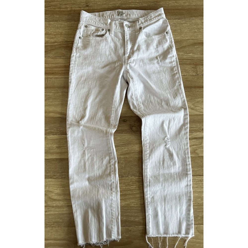 J Crew Womens White Denim Stretch SLIM BOYFRIEND JEAN Raw Hem Distressed Size 24